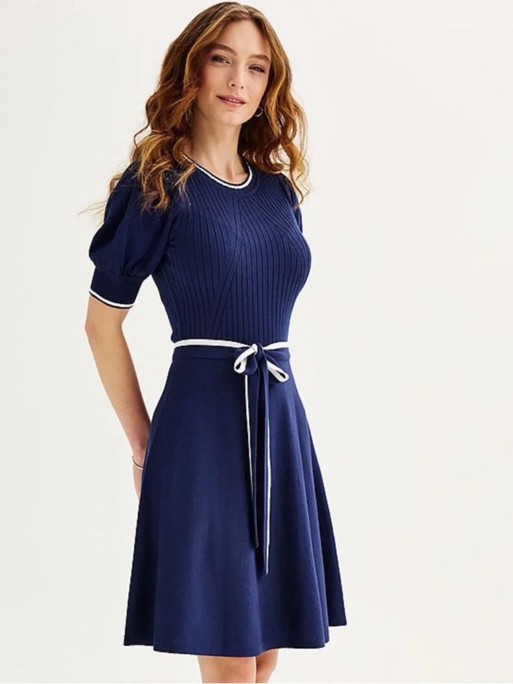 Draper James RSVP Navy Knit Fit Flare Dress Puff Sleeve Medium - Picture 1 of 8